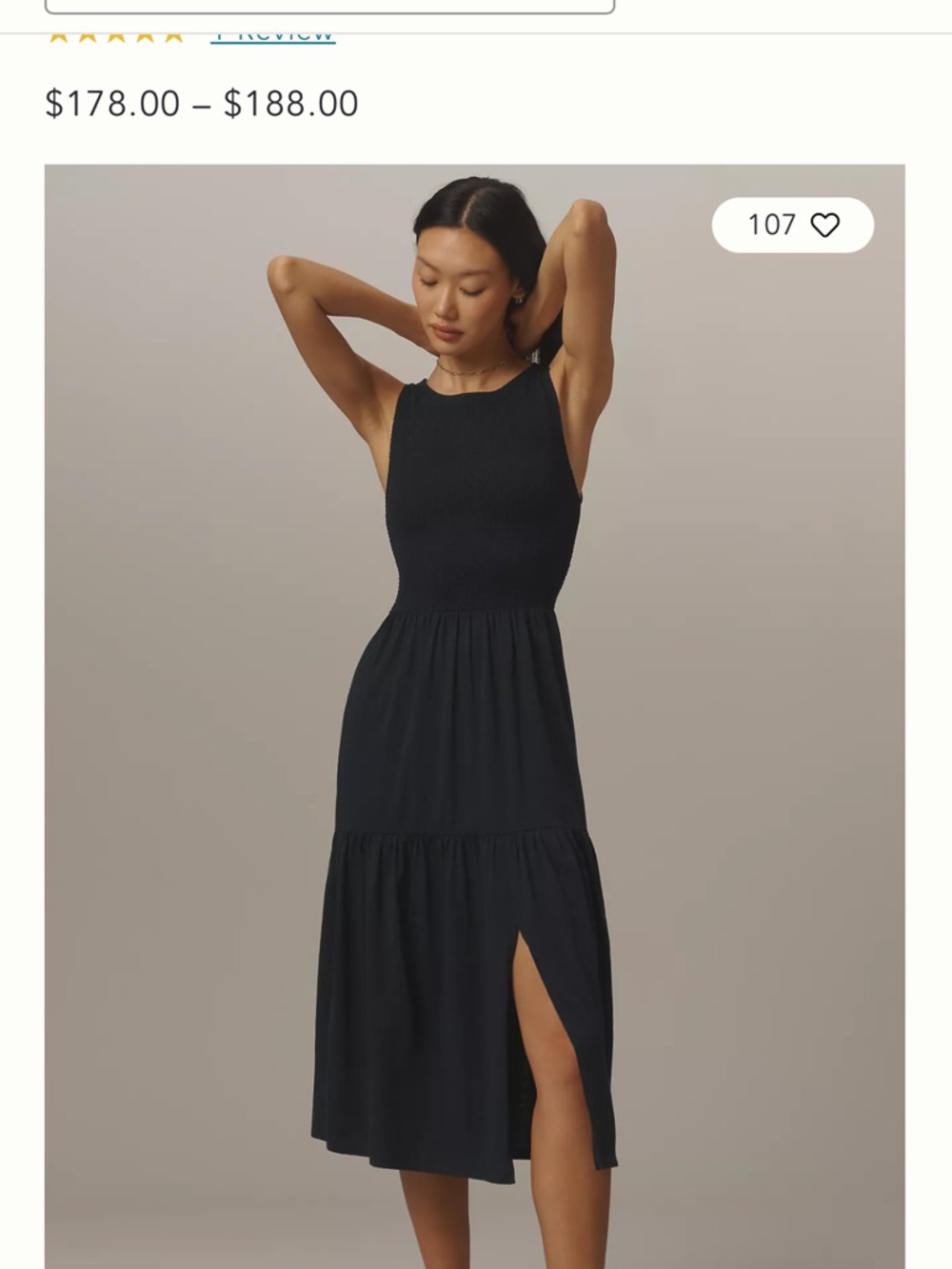 Smocked Midi Dress with Side Slit - Black